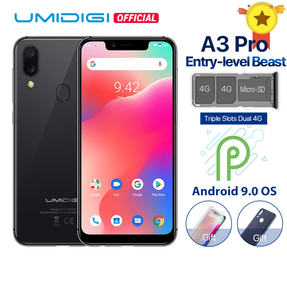 UMIDIGI A3 Pro глобальная лента 5,7 "19:9 полноэкранный смартфон 3 ГБ + 32 ГБ четырехъядерный процессор Android 8,1 12MP + 5MP с распознаванием лица Dual core 4G В