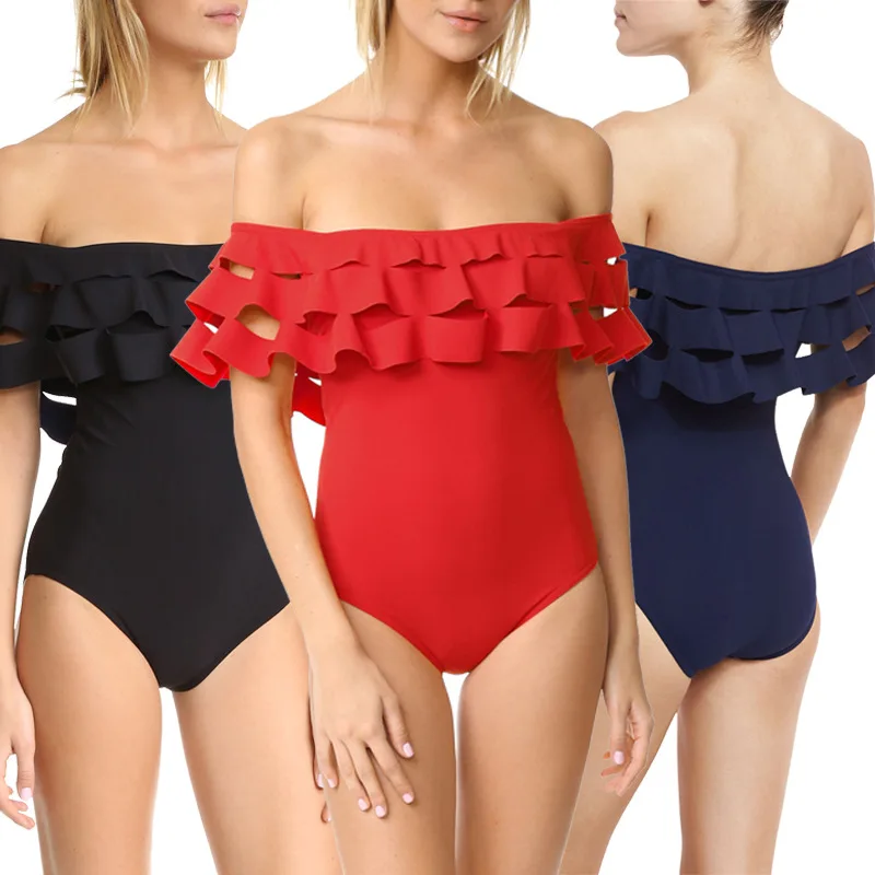

Navy Blue/White/Red/Black 2018 Ruffle One Piece Swimsuit Sexy Women Three Layers Ruffled Bathing suit Off The Shoulder Beachwear