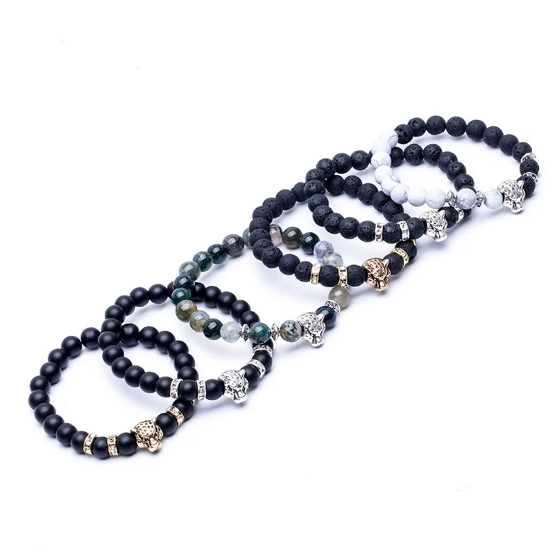 

Wholesale antique silver plated buddha leopard hear bracelet Lava natural stone beaded bracelets&bangles for men women jewelry