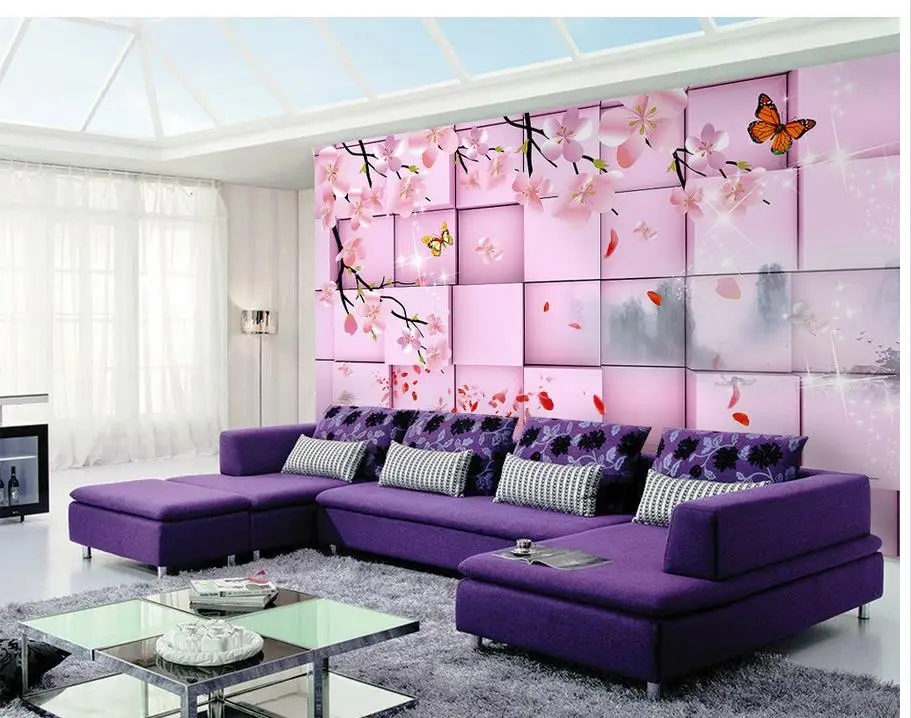 3D росписи обоев Декор фото фон розовые квадраты, Peach Blossom ТВ фон настенная Фреска Обои в гостиную