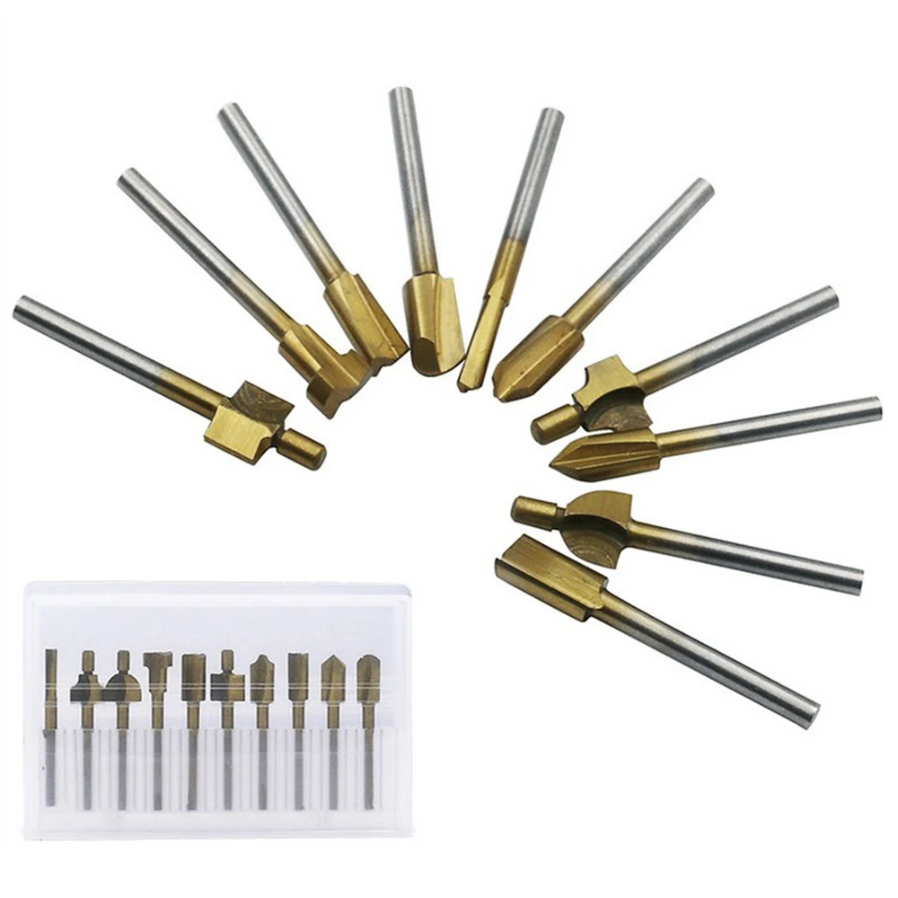 

10pcs 3mm HSS Wood Router Bits Files Titanium Coated Mini Wood Cutter Milling Fits Dremel Rotary Set Carpenter Tool with Case