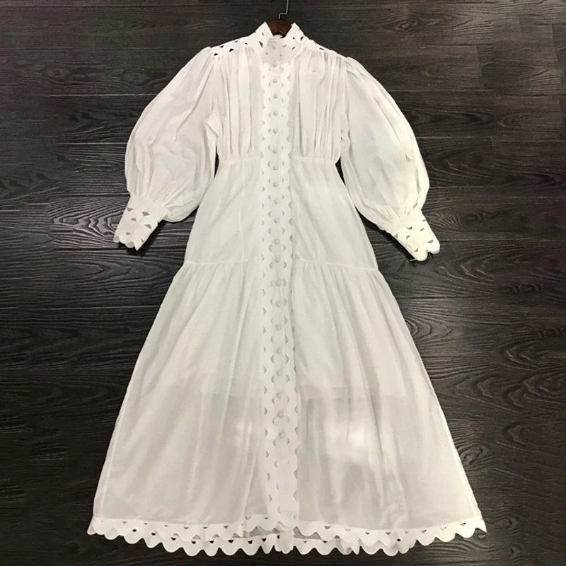CHICEVER корейское Открытое платье для женщин, стоячий воротник, фонарь, длинный рукав, высокая талия, ТРАПЕЦИЕВИДНОЕ ПЛАТЬЕ для женщин, мода, новое летнее - Цвет: white