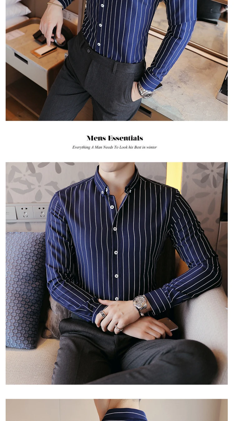 Дешевая деловая Мужская рубашка, брендовая модная, рубашка с длинным рукавом, Мужская универсальная приталенная рубашка в полоску, Мужская официальная одежда, блуза Homme