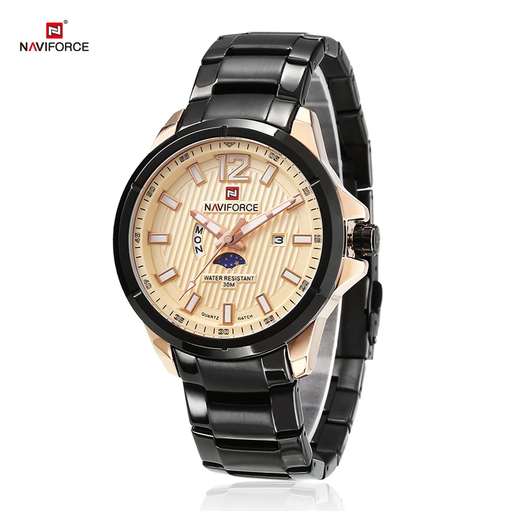 

Men Sport Watches NAVIFORCE 9084 Male Quartz Watch Stainless Steel Strap Week Calender Display Leisure Wristwatch For Men