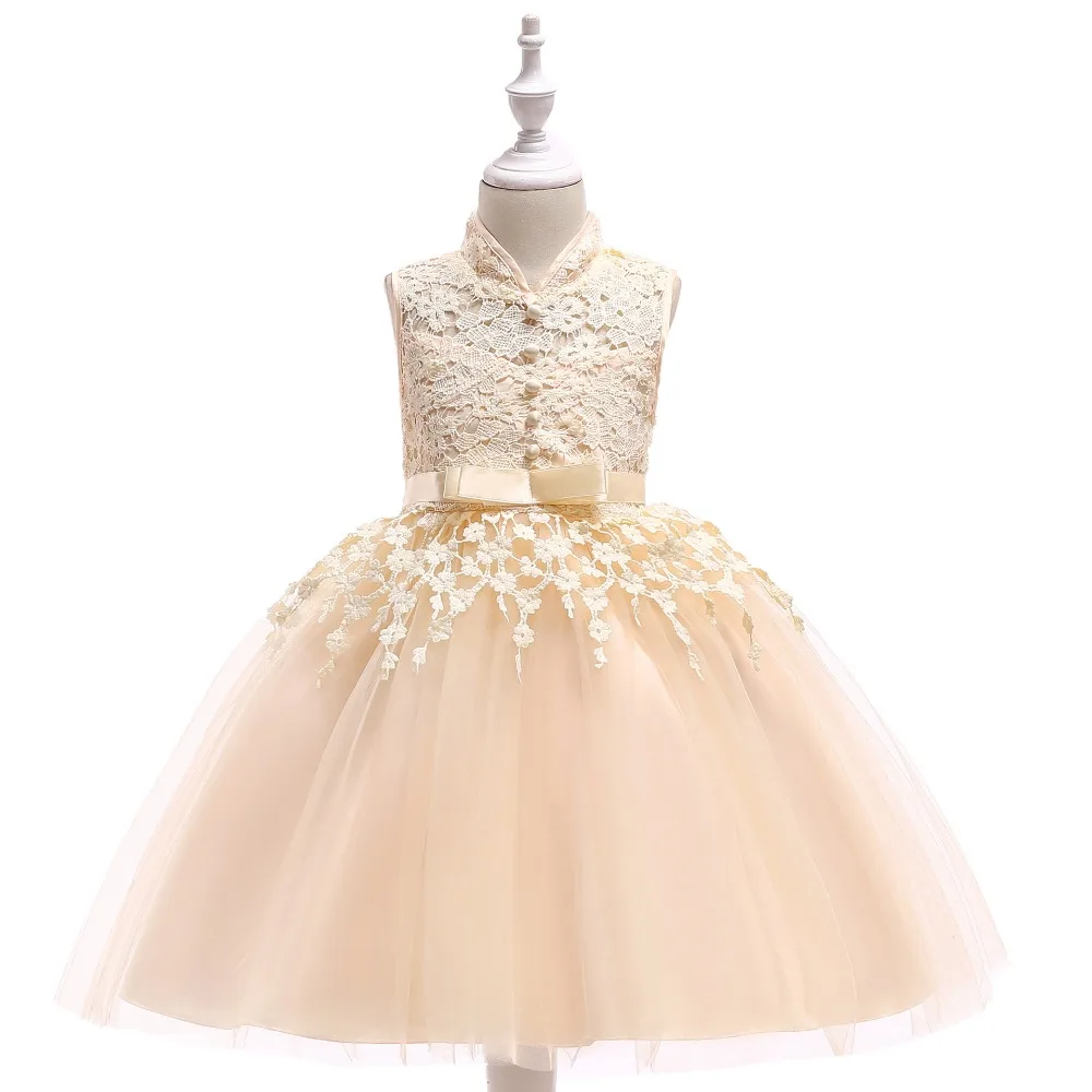 

Champagne Short Flower Girls Dress For Wedding High Neck Flowers Little Girls Pageant Wedding Party Little Bride Dresses