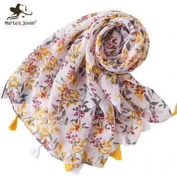 

Marte&Joven Fashion Flower Leaf Print Yellow Women Scarf Spring Autumn Thin Soft Pashmina for Ladies Wrap Hijab Shawl