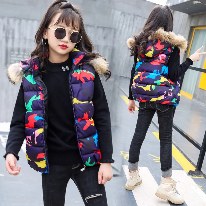 

Girls New Camouflage Printing Fashion Vests Kids Hooded Large Fur Collar Cotton Waistcoats Child Girl Warm Windproof Vest