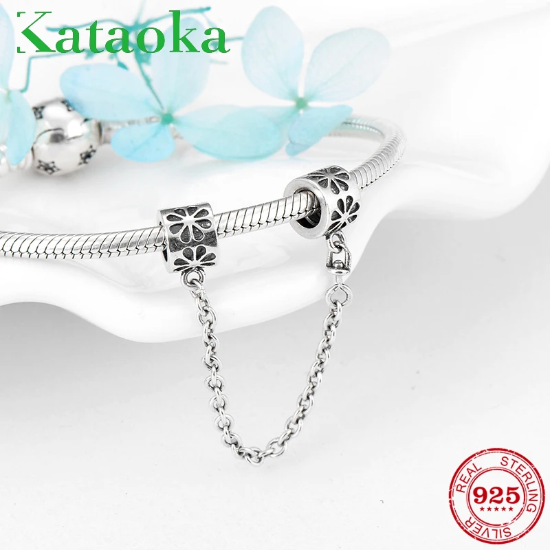 

Spring flowers Safety chain charm Beads 925 sterling silver Fit Pandora Charms Bracelet Original Bracelets bangles Jewelry