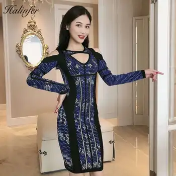 

Halinfer 2019 new summer women dress sexy bodycon O-neck Chest and shoulders bandage elegant celebrity party dresses vestidos