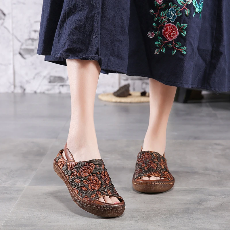 GKTINOO сандалии с тисненым цветком; женская обувь из натуральной кожи с открытым носком; женские сандалии ручной работы с эластичной лентой; повседневная женская обувь