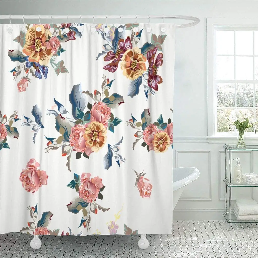 Shower Curtain Beautiful Floral Pattern with Roses and Cosmos Flowers in Watercolor Style Light Colors Bathroom Decor | Дом и сад