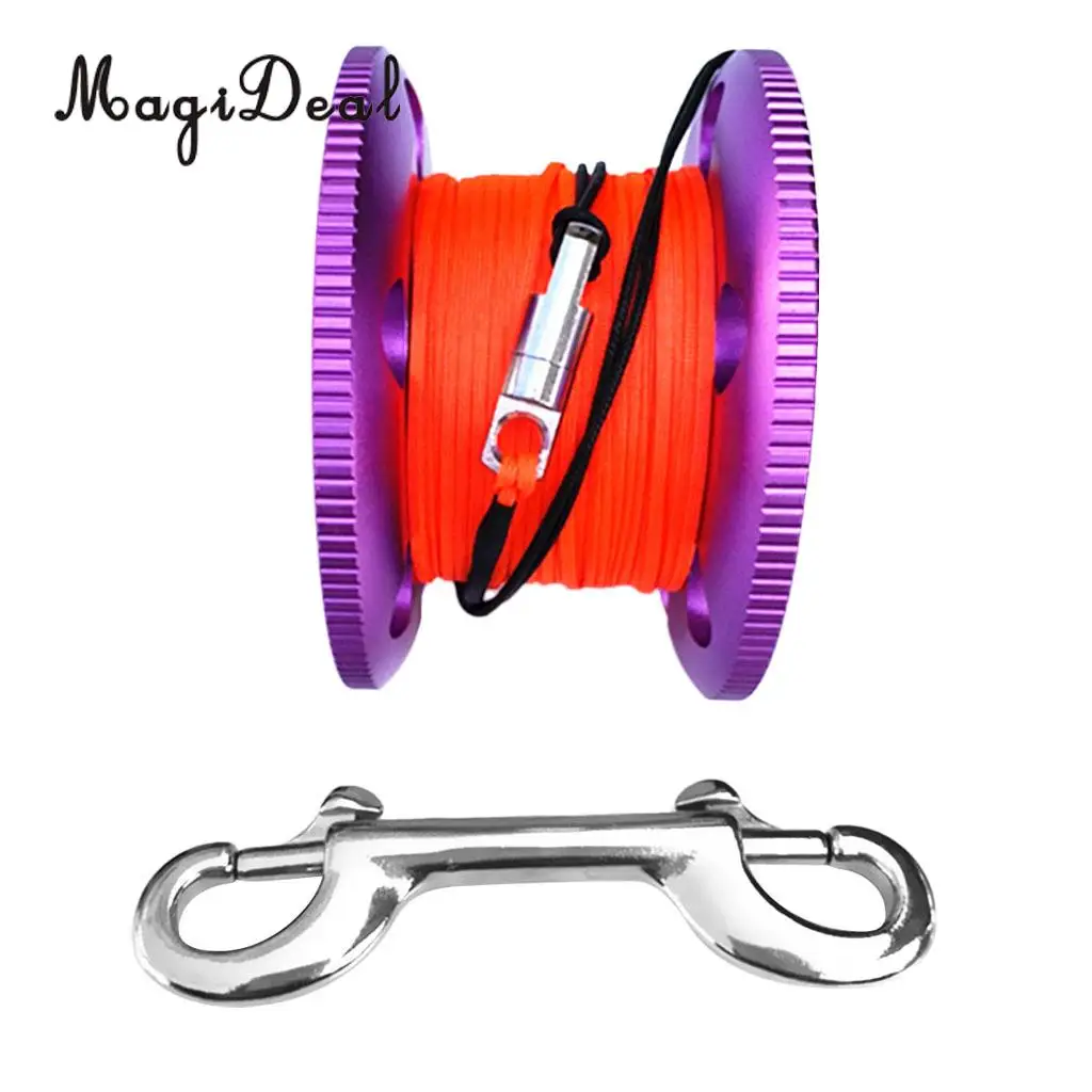 MagiDeal Professional Aluminum Alloy Finger Spool Reel & 30m Line Double End Bolt Snap for Underwater Scuba Diving Applications
