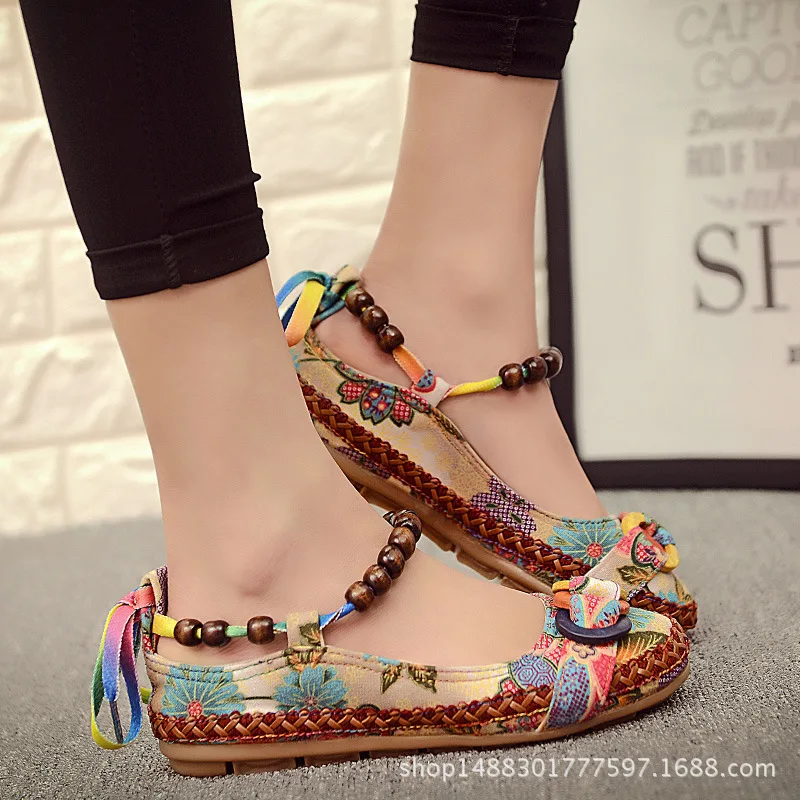 

Womens Ethnic Lace Up Beading Round Toe Comfortable Flats Colorful Loafers Shoes(Size 37-42) flat shoes women Rubber Yasilaiya