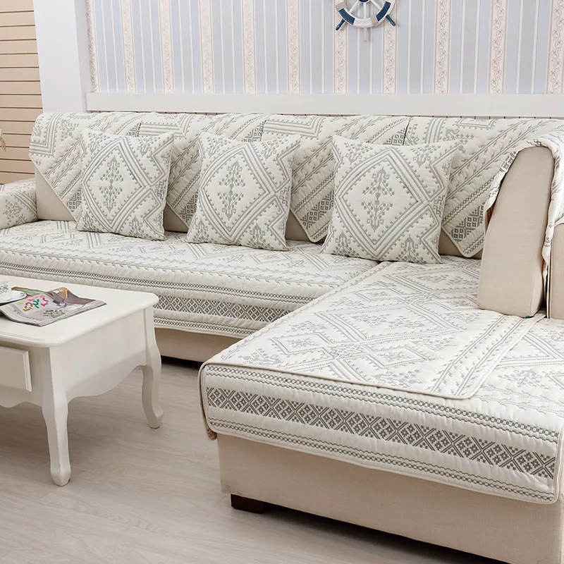 

Solid Color Cross Stitch Sofa Cover Cotton Slip-resistant Sofa Towel Chair Covers Mats Living/Drawing Room Decorative L-Shaped