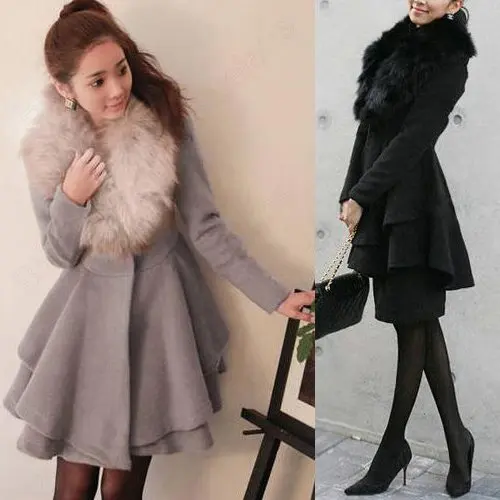 Women Wool Coat Fur Collar Slim Parka Jacket Lotus Leaf
