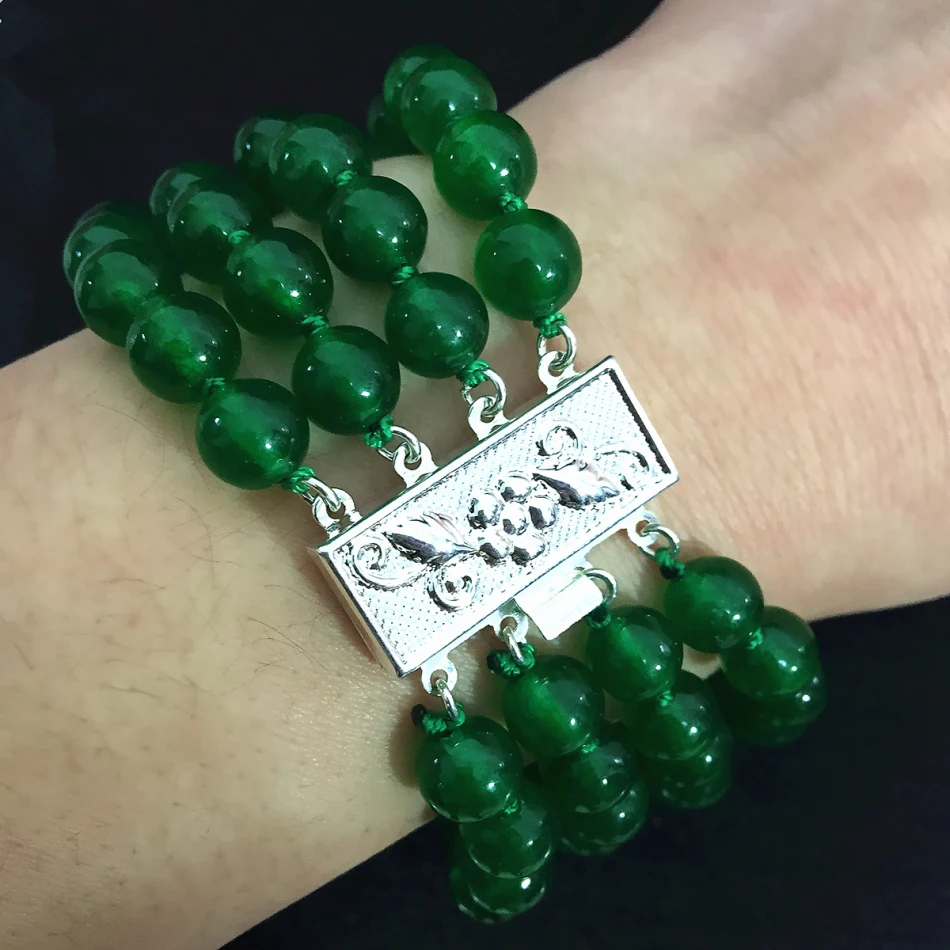 Factory Outlet Malaysia Green Jades 4 Rows Silvercolor Clasp Chain
