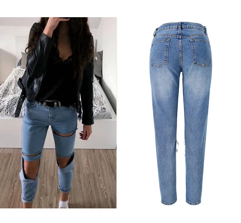 Women's high waist loose straight jean nine point pants knee hole wash street popular fall and winter (4)