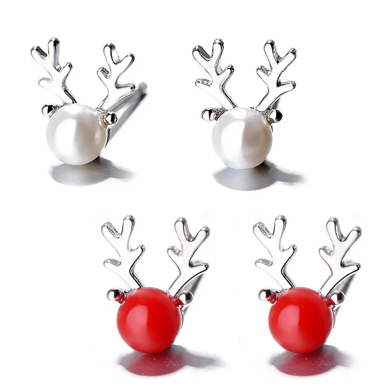 

8Seasons Cute Animals Elk With White/Red Simulated Pearl Stud Earrings For Women Christmas Party Stud Earrings Fashion Jewelry