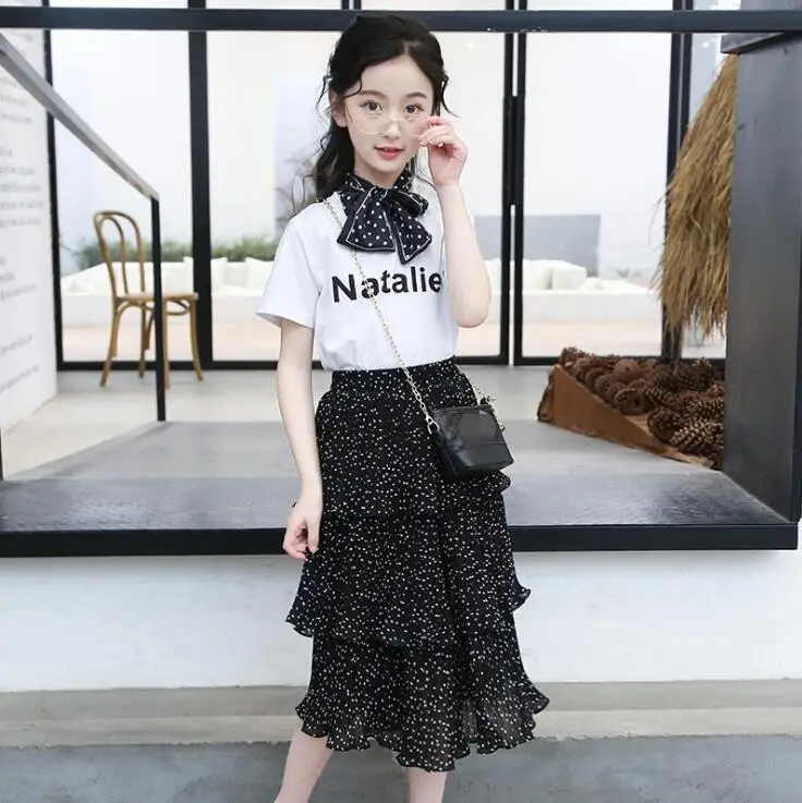 

2019 Summer New Big Girls Sets 4-14Y Kids Clothes Letter T-shirt Printed Cake Skirt Korean Girls clothing Sets