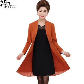 

UHYTGF 2018 Spring Womens Two Piece Set long Plus size High quality Long Coat And Mini Dress Fashion Women Two Piece Outfits 240