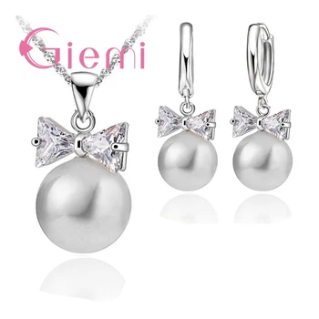 

Hot Sale Big Promotion Pearl Jewelry Set Silver Wedding Accessories Shiny Crystal Pendant Necklace Earrings