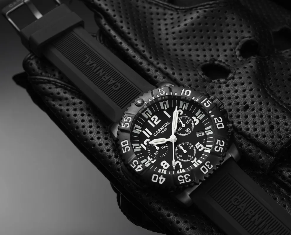Карнавал Тритий часы для мужчин Спорт дайвер хронограф для мужчин s часы лучший бренд класса люкс кварцевые наручные часы светящиеся часы montre homme