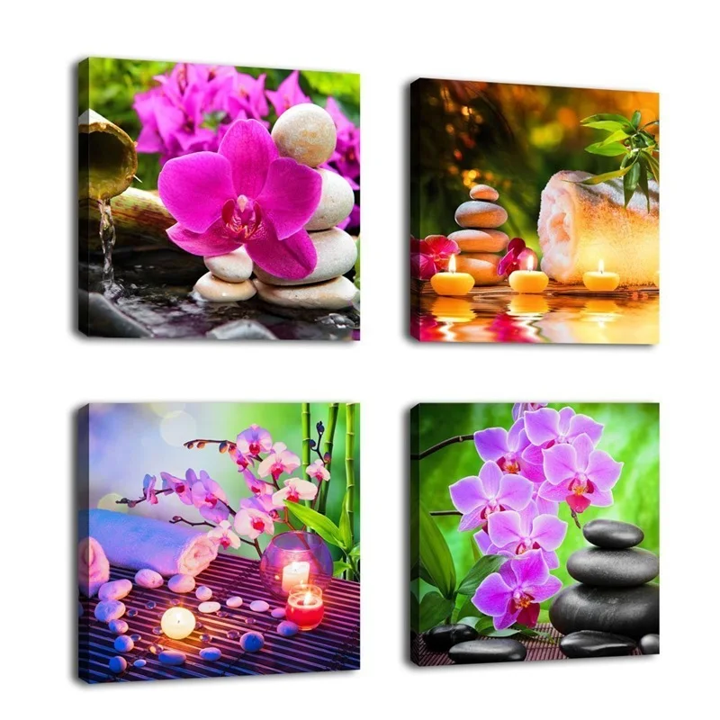 

Canvas Wall Art Zen Canvas Prints SPA Stone Green Bamboo Pink Waterlily and Candle Picture 4 Pieces Canvas Art Modern Artwork