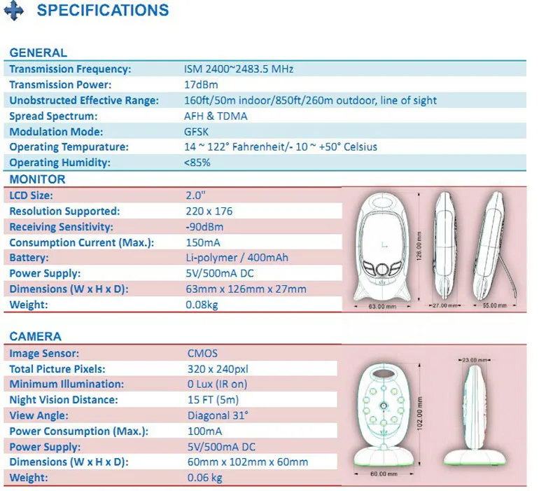 VB-601 VOX 2 дюймов Беспроводной видео Видеоняни и радионяни VB601 малыш мониторов Камера Two Way Talk Ночное видение ИК светодиодный Температура