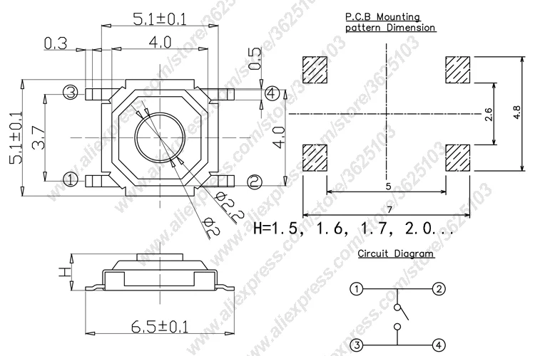 50 шт./лот SMD 4*4*1,5 мм(5,2*5,2*1,5 мм) тактильная тактовая кнопка микропереключатель мгновенная кнопка Медная головка/резиновая головка и т. Д