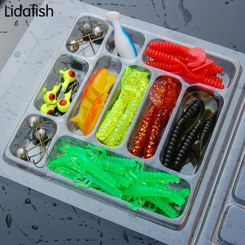 

35pcs Soft Worm Lure Bait and 10pcs Head Hooks Combination Simulation Soft artificial Bait Various shapes of bait free shipping