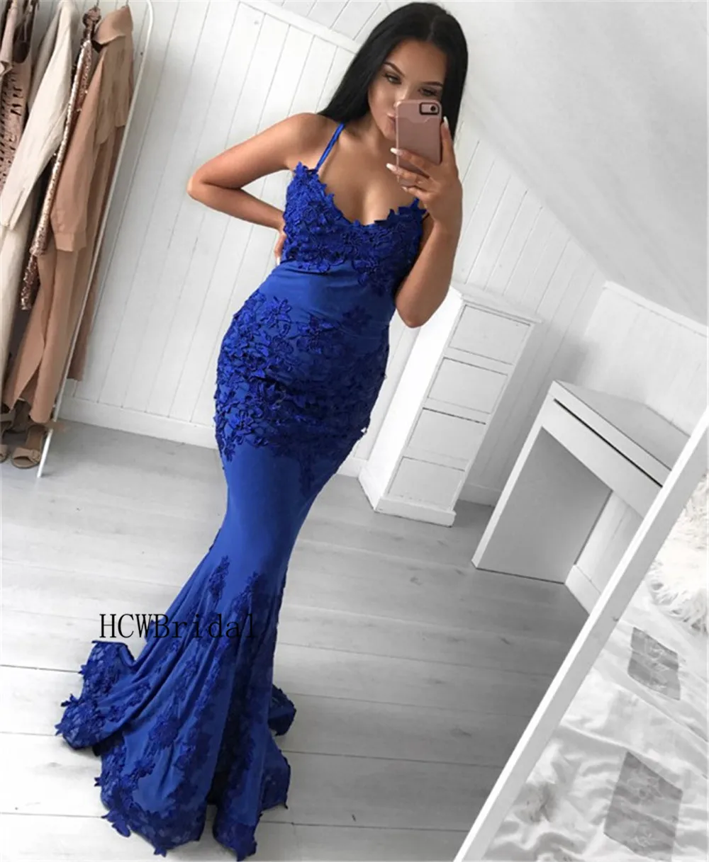 

2019 New Blue Mermaid Dress Evening Sweetheart Spaghetti Strap Appliques Elastic Satin Long Formal Dresses Cheap Women Gowns