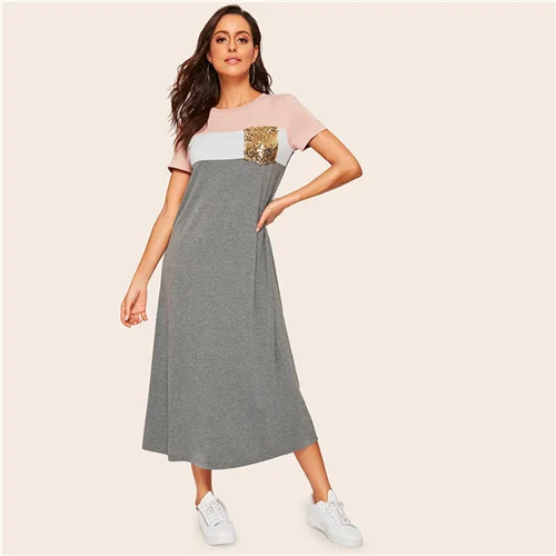 SweatyRocks, платье-футболка с карманами и блестками, женское стрейчевое платье с коротким рукавом,, летнее повседневное скромное длинное платье - Цвет: Многоцветный