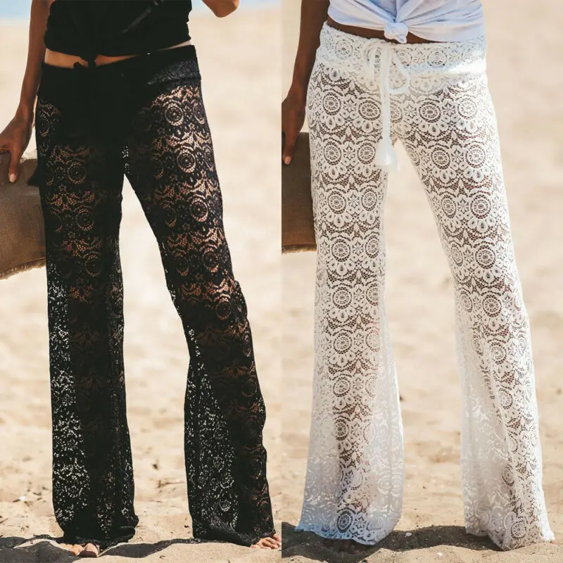 Women Beach Cover Up New Knit Bikini Cover Up Lace Hollow out Swimwear Ruffle Flare Pants High Waist Trousers See Through Pants Women Beach Cover Up New Knit Bikini Cover Up Lace Hollow out Swimwear Ruffle Flare Pants High Waist Trousers See Through Pants