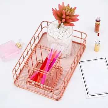 

Nordic Rose Gold Metal Wire Storage Basket Office Desktop Sundries Makeup Brushes Holder Table Cosmetics Organizer Iron Basket