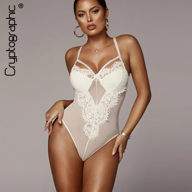 

Cryptographic strappy mesh lace bodysuit transparent slim jumpsuits for women one piece 2019 hot caged sheer plunge bodysuits