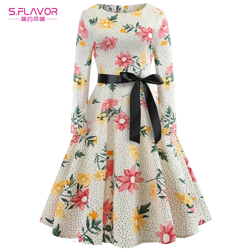 

S.FLAVOR Autumn Winter Floral Slim Vintage Dress Women 2018 Christmas Party Dress For Women O-Neck Full Sleeve Slim Fit Dresses