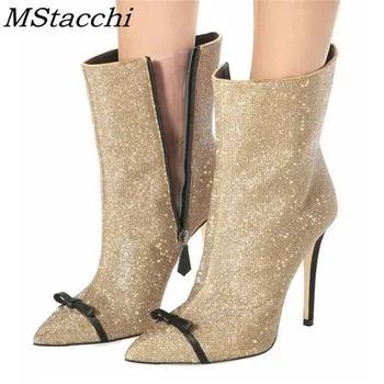 

MStacchi Butterfly Knot Crystal Bling Bling Boots Silde Zip Pointed Toe High Heels Glitter Boots Party Botas Women Ankle Boots