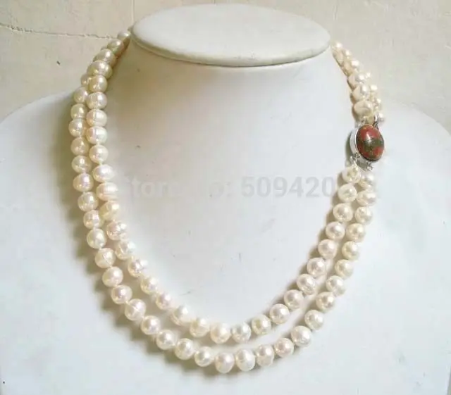 

Shipping white freshwater pearl 2 strands baroque beads necklace unakite clasp (C0309)
