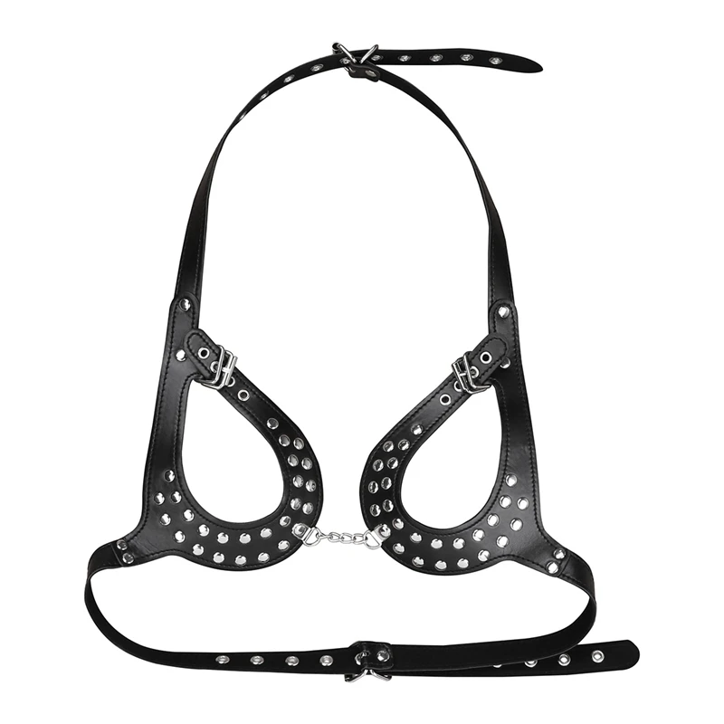 Women PU Leather Classic Black Open Cup Adjustable Wetlook Sexy Body Chain Harness Bra Belt with Buckles and Rivets