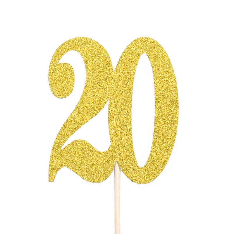 Золотые топперы для кексов на день рождения 30, 40, 50, 10 шт., украшения для дня рождения для детей и взрослых 20, 60, 70, 80, 90, товары для празднования юбилея - Цвет: 20