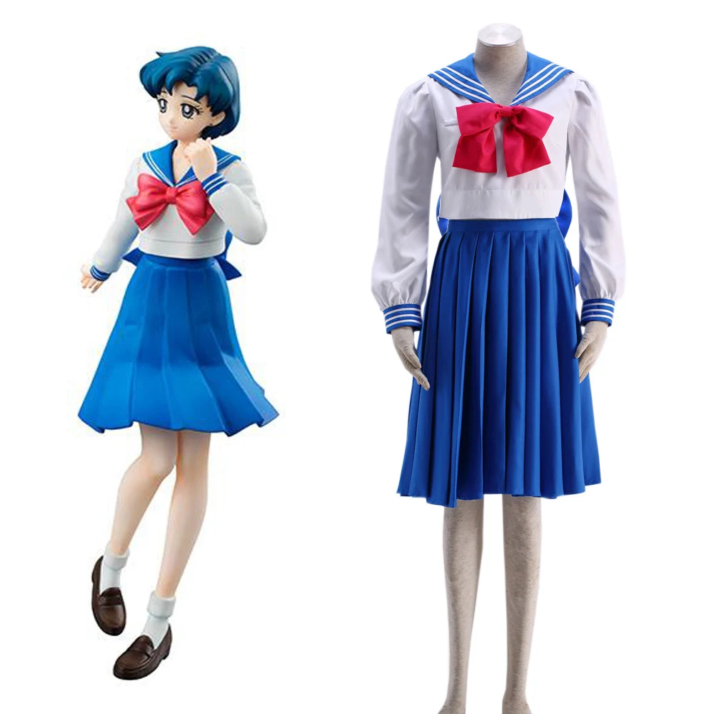 

Free Shipping Sailor Moon Crystal Mercury Mizuno Ami Long Sleeves Summer Sailor School Uniform Anime Cosplay Costume