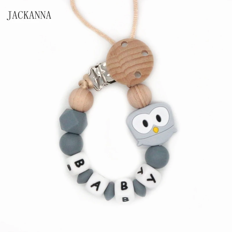 Silicone Customized Name Baby Pacifier Clips Owl Bead Dummy Clip