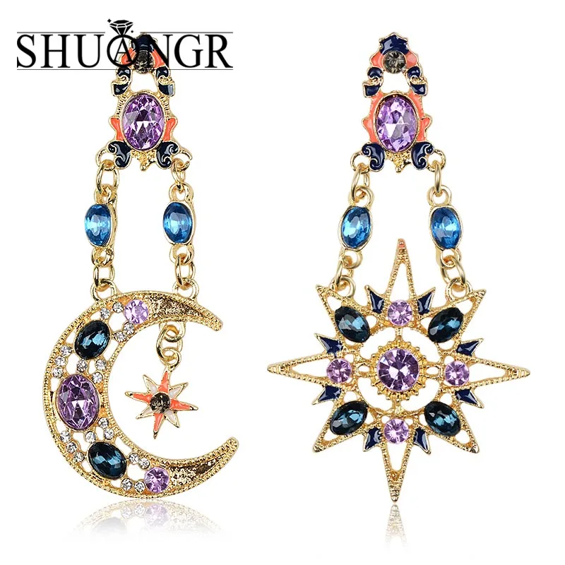 

SHUANGR Fashion Brand New Design Elegant Crystal Sun and Moon Drop Long Earrings For Woman hoop Gift Wholesale Jewelry