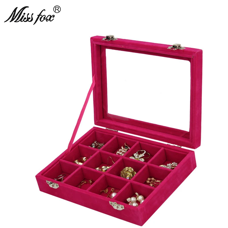 

MISSFOX Red Jewelry Box 12 Velvet + Wooden Jewelry Storage Box Transparent Window Display Small Jewelry Box