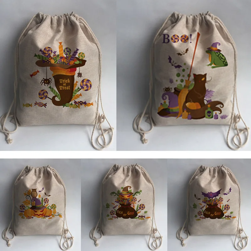 Buy Jute Halloween Drawstring Backpack Spider Pumpkin