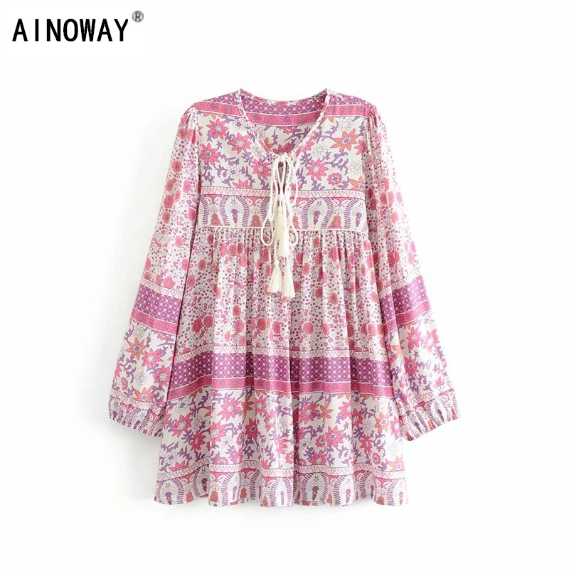 

Vintage chic women lace-up tassel floral print beach Bohemian mini dress Ladies Summer rayon cotton Boho dress vestidos