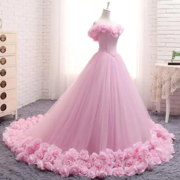 Розовый Принцесса Бальные платья с открытыми плечами цветочный длинный Тюль Формальное Пышное Бальное Платье для девочек vestidos De 15 Anos