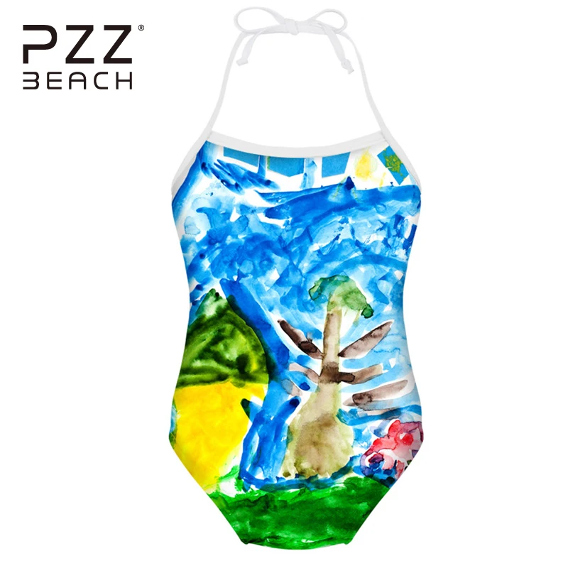 Lovely Custom Painting Kids Bathing Suits One Pieces Swimsuit Halter