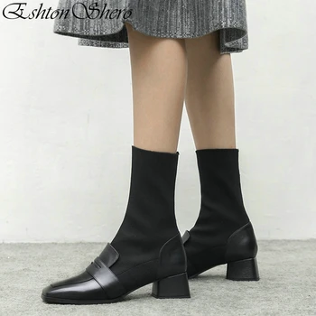 

EshtonShero Shoes Woman Mid Calf Boots Stretch Fabric Knitting High Heels Pointed Toe Sock Boots Black Ladies Riding Size 3-8
