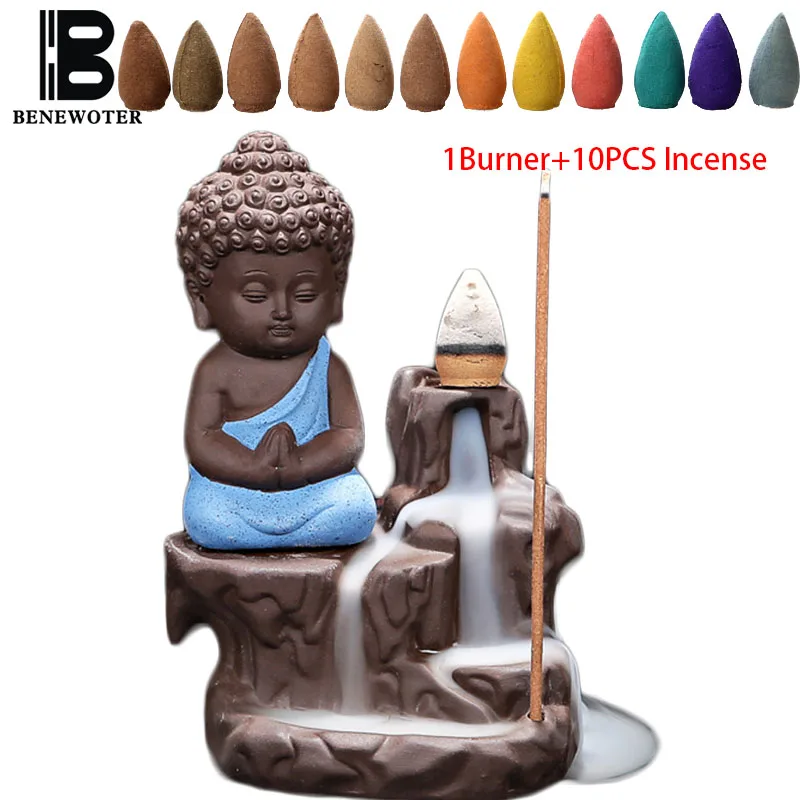 

10Pcs Incense Cones + Buddha Incense Burner Creative Monk Buddha Joss Stick Incense Censer Backflow Incense Burner Home Decor